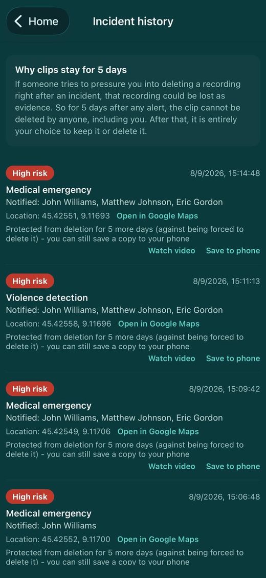 Guardme Incident history screen showing past alerts